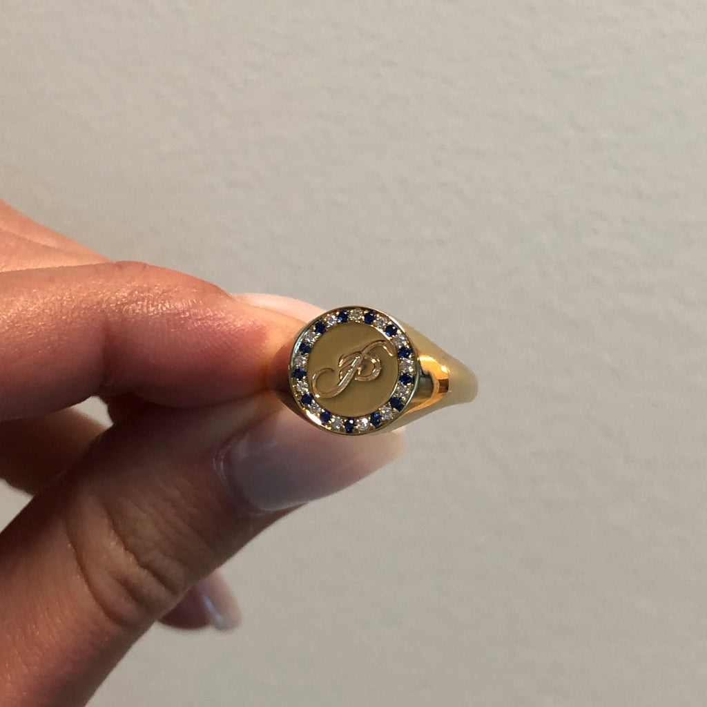 Coin Gemstone and Diamond Signet Ring