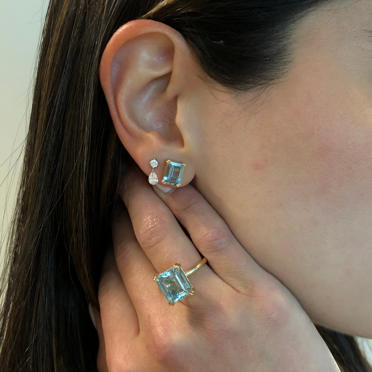 Emerald Aquamarine Solitaire Studs